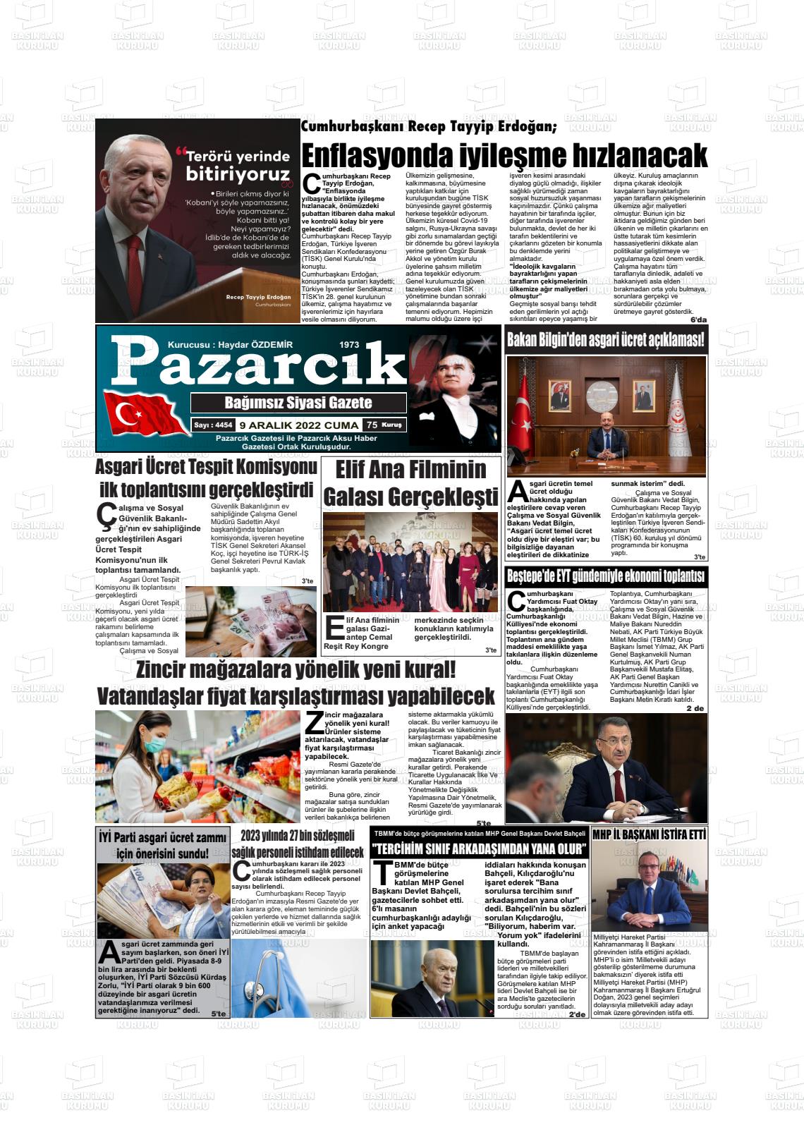 09 Aralık 2022 Pazarcık Gazete Manşeti