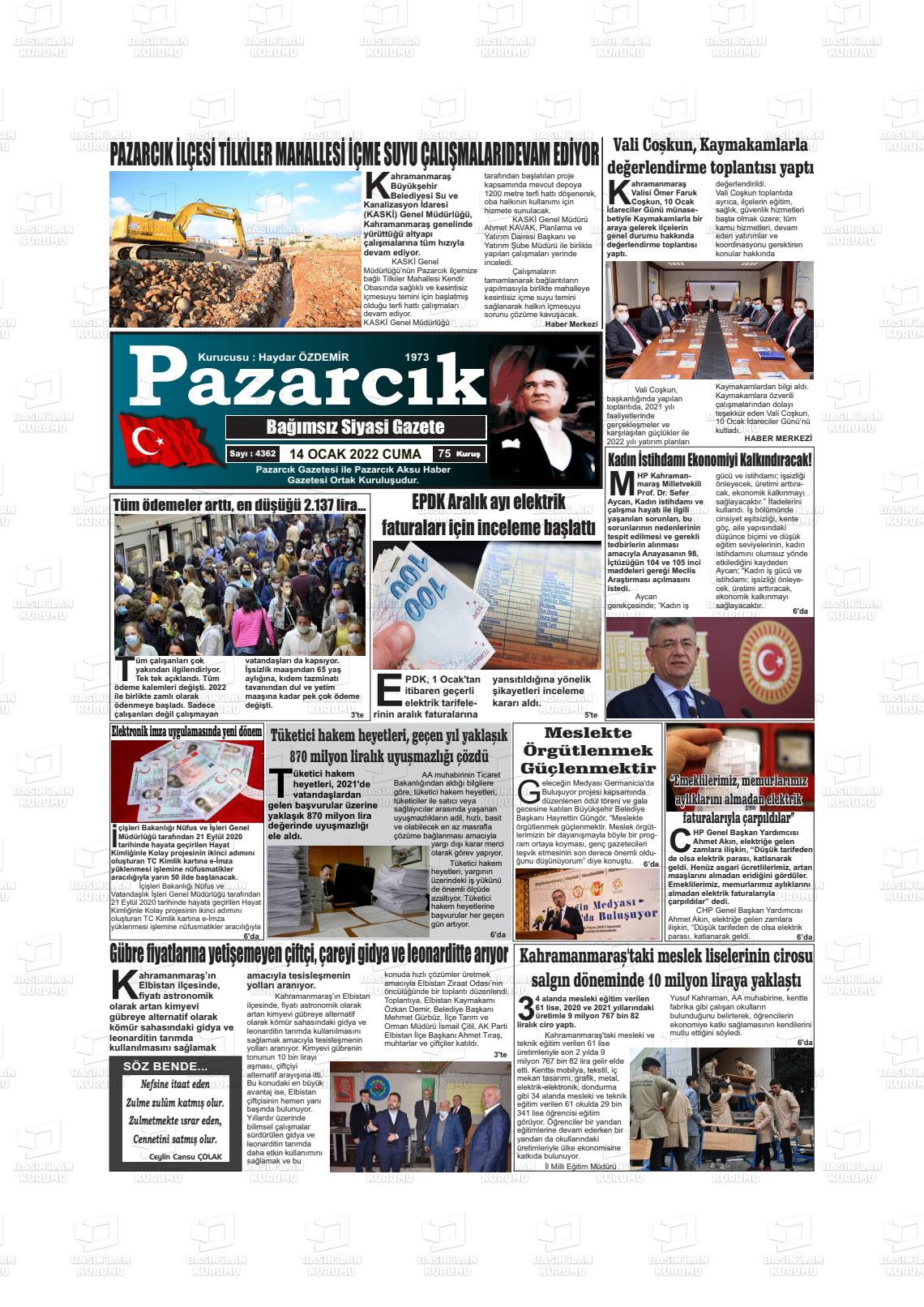 14 Ocak 2022 Pazarcık Gazete Manşeti