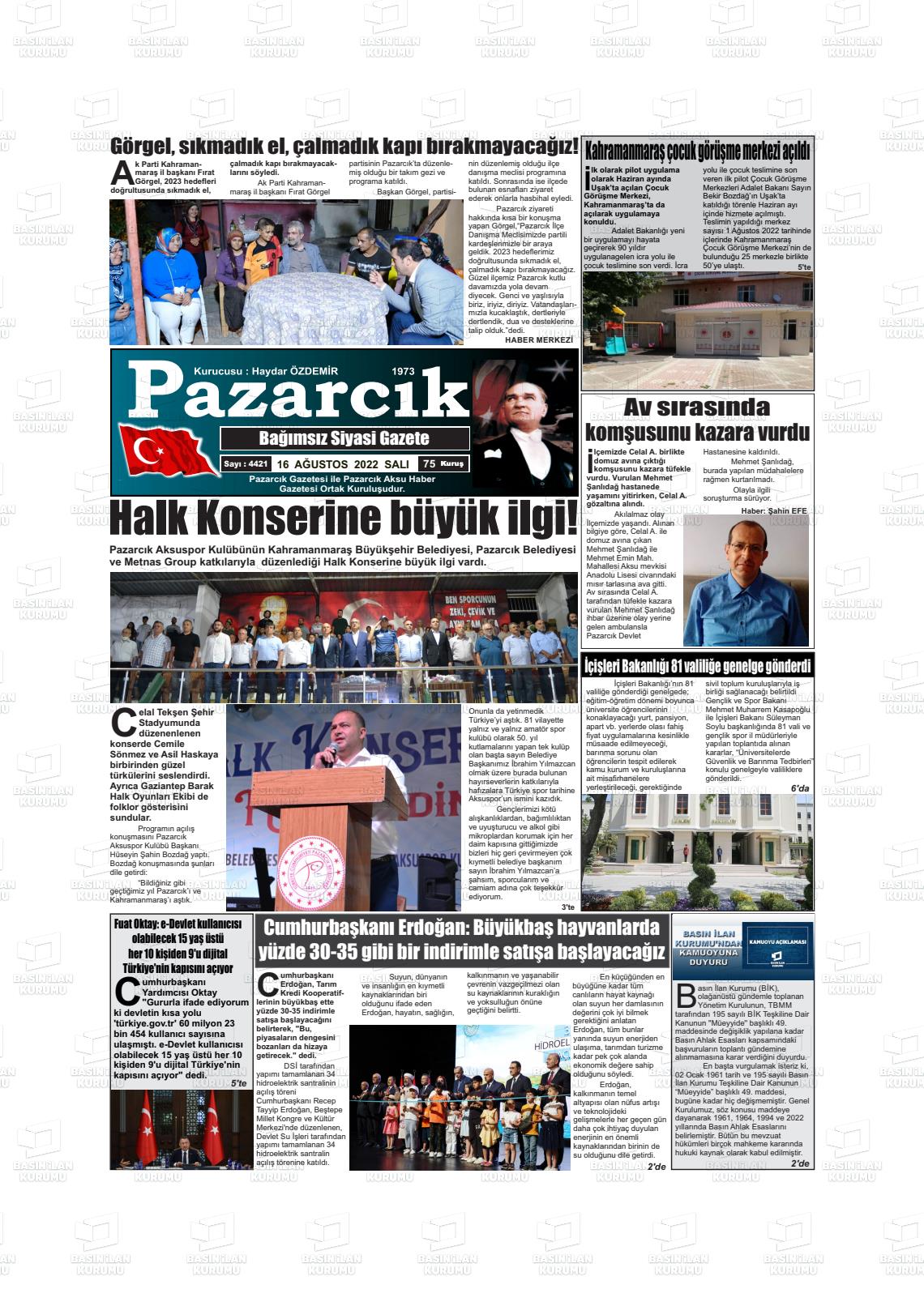 16 Ağustos 2022 Pazarcık Gazete Manşeti