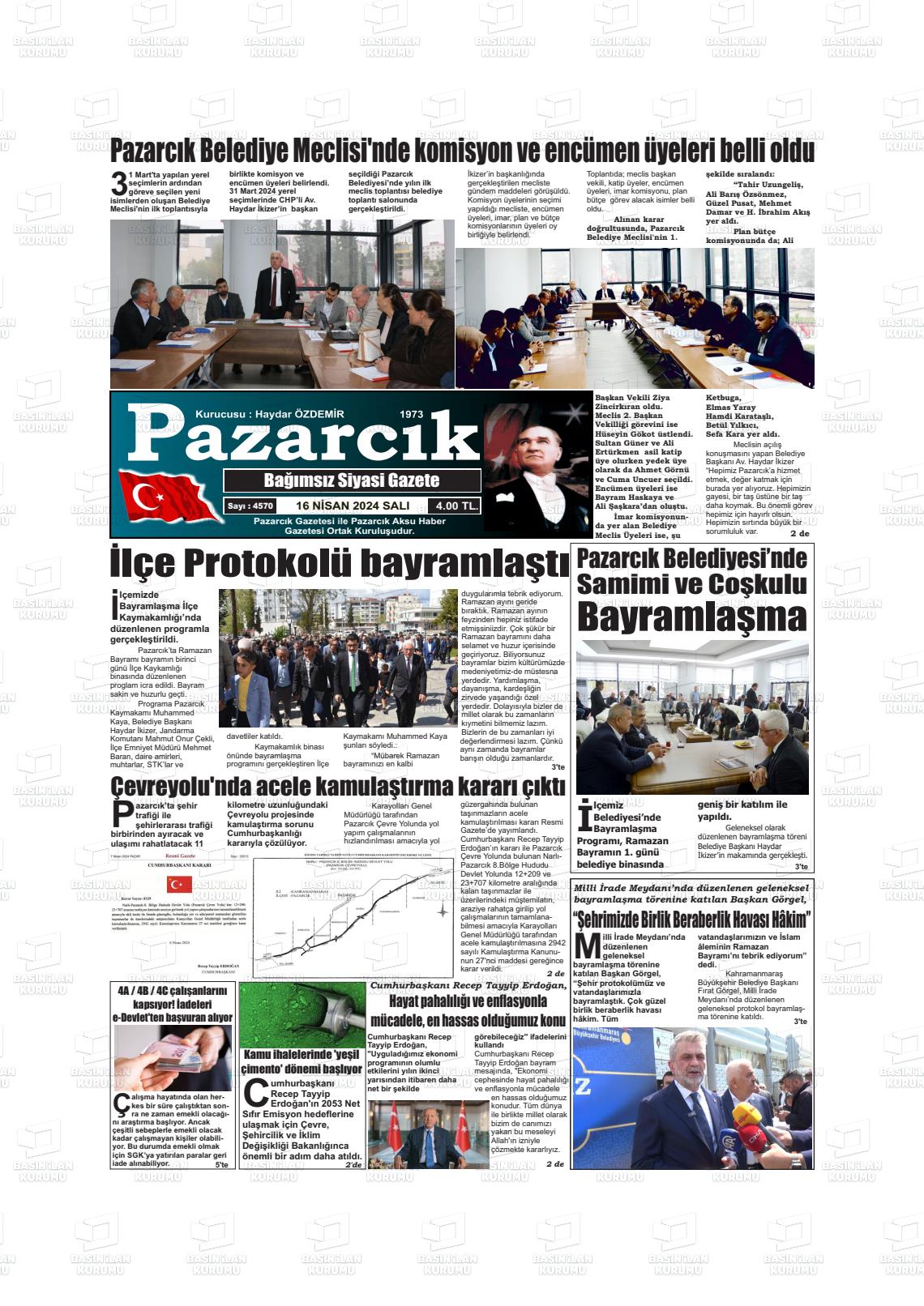 16 Nisan 2024 Pazarcık Gazete Manşeti