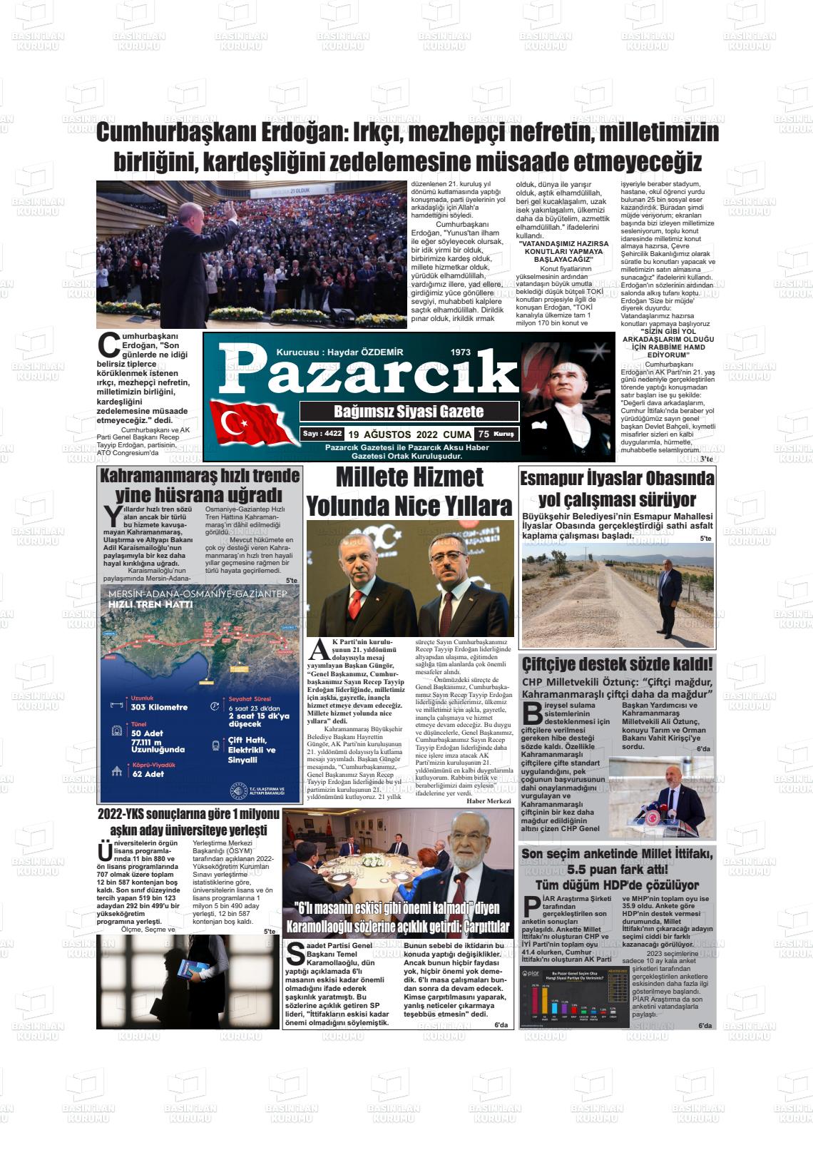 19 Ağustos 2022 Pazarcık Gazete Manşeti