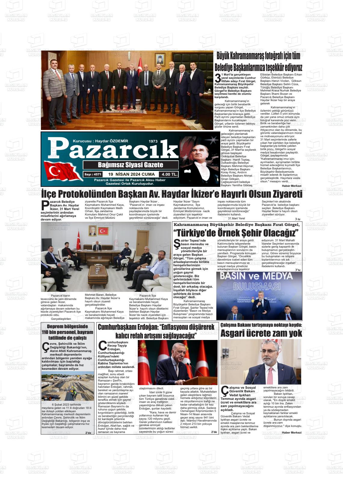 19 Nisan 2024 Pazarcık Gazete Manşeti