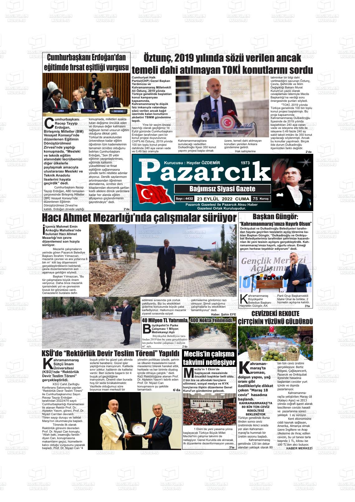 23 Eylül 2022 Pazarcık Gazete Manşeti