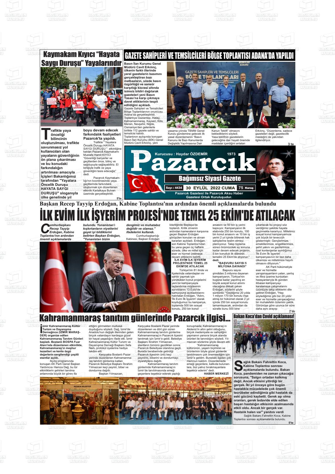 30 Eylül 2022 Pazarcık Gazete Manşeti