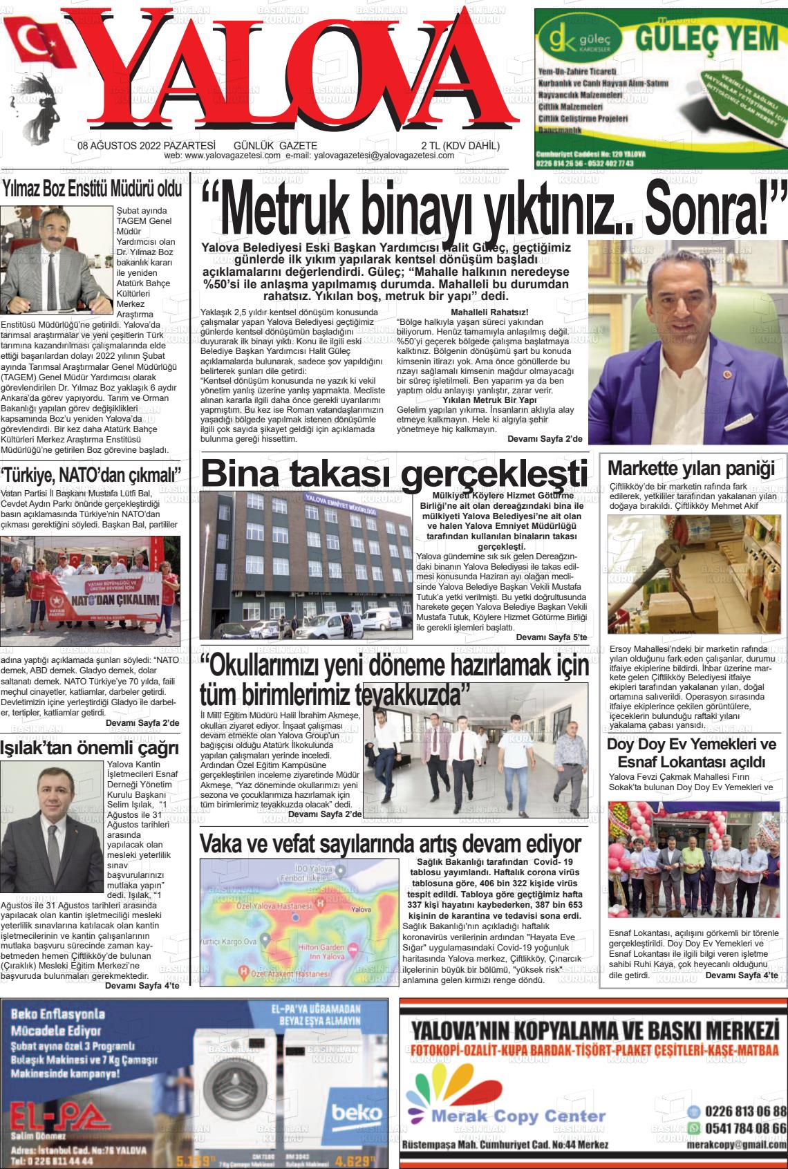 08 Ağustos 2022 Yalova Gazete Manşeti