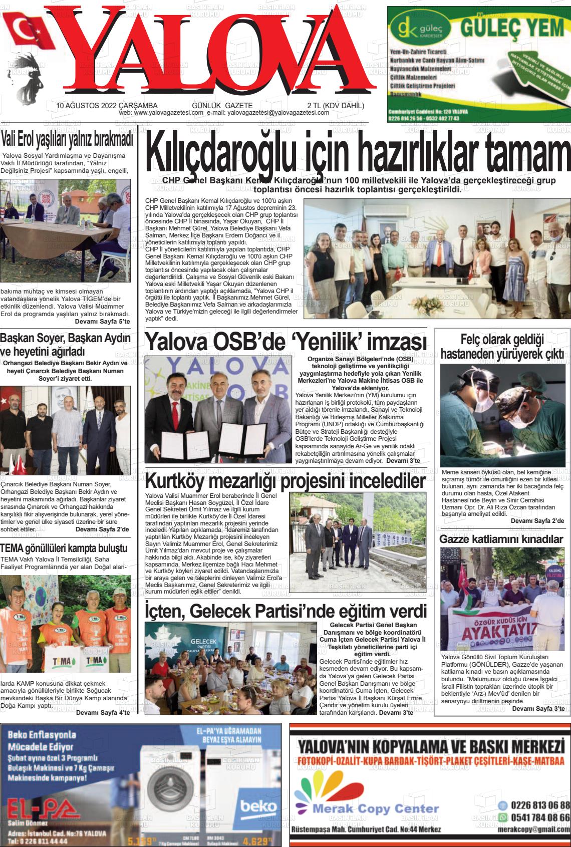 10 Ağustos 2022 Yalova Gazete Manşeti