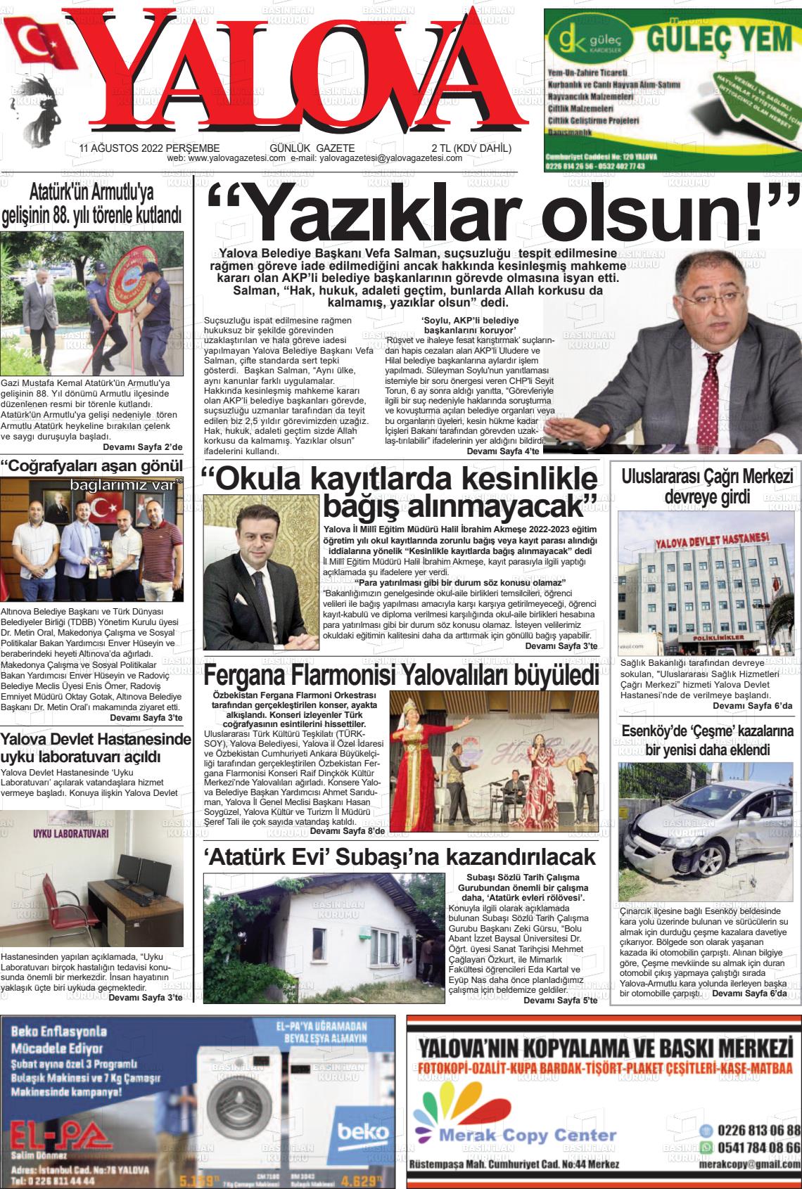 11 Ağustos 2022 Yalova Gazete Manşeti