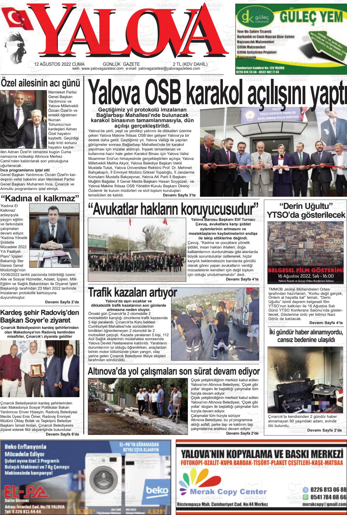 12 Ağustos 2022 Yalova Gazete Manşeti