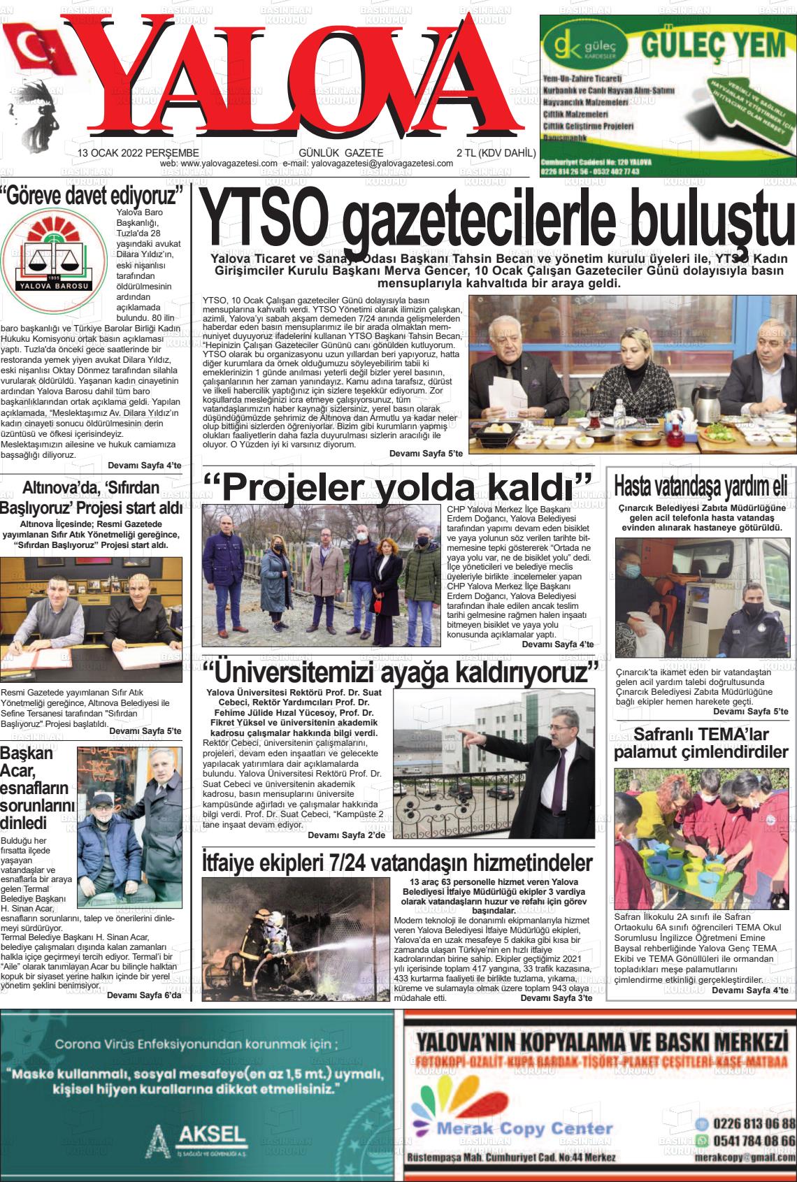 13 Ocak 2022 Yalova Gazete Manşeti