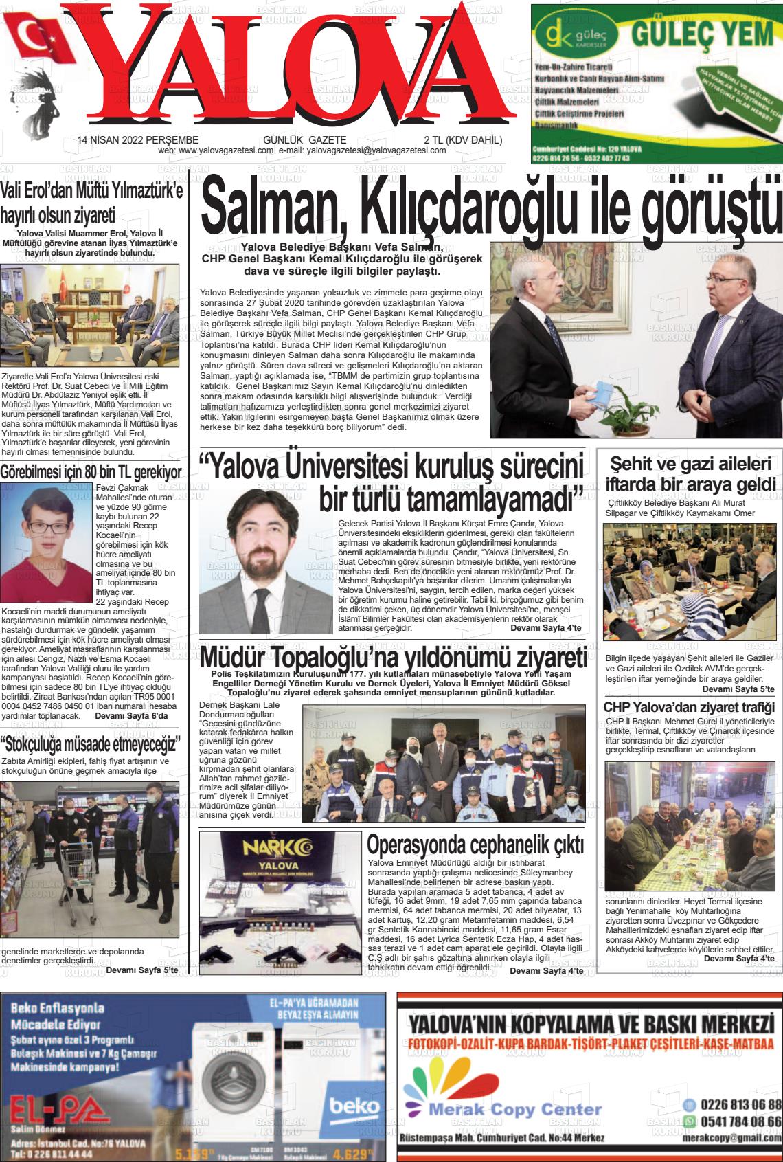 14 Nisan 2022 Yalova Gazete Manşeti
