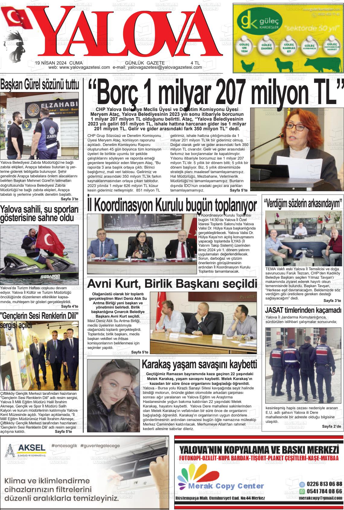 19 Nisan 2024 Yalova Gazete Manşeti