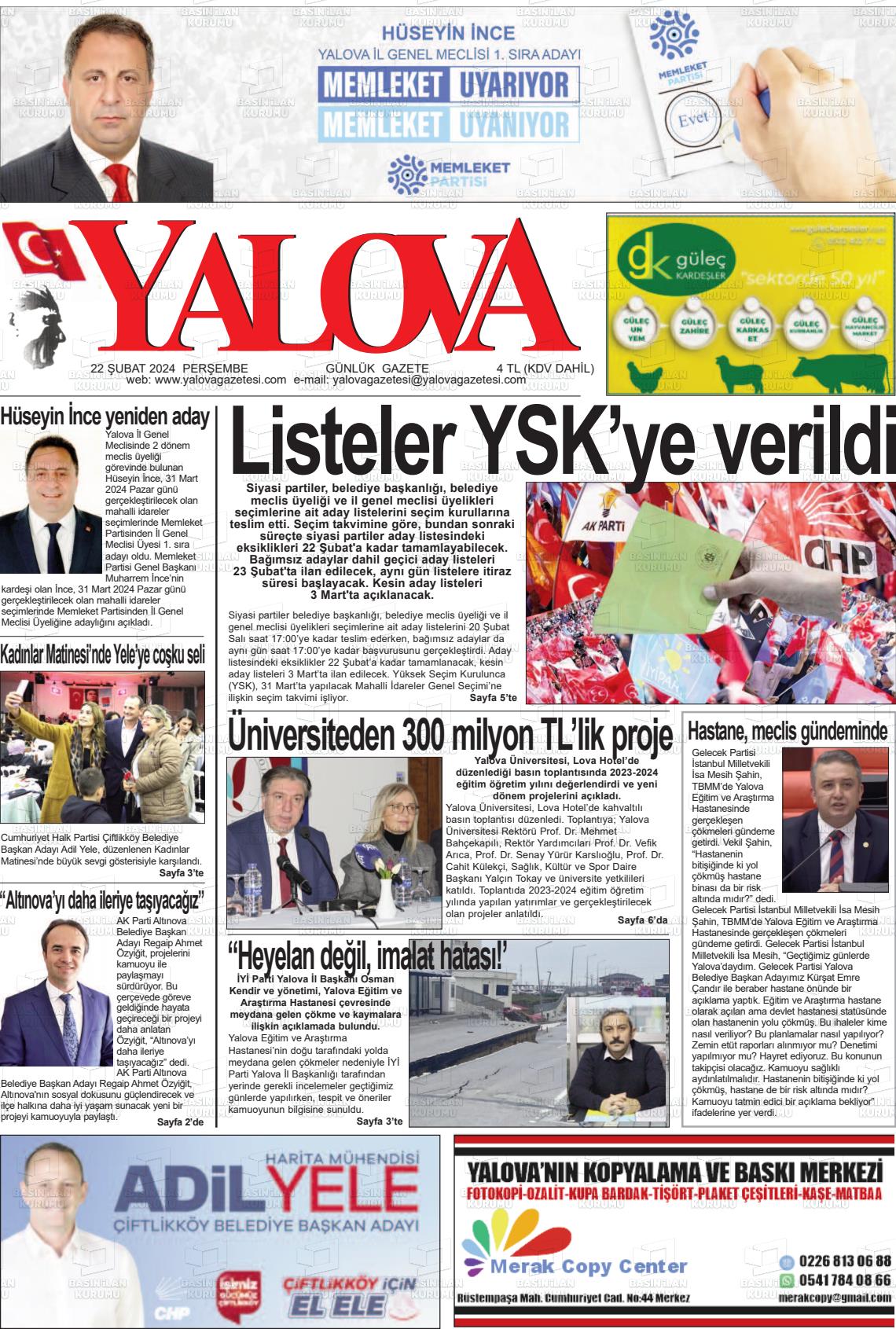 22 Şubat 2024 Yalova Gazete Manşeti