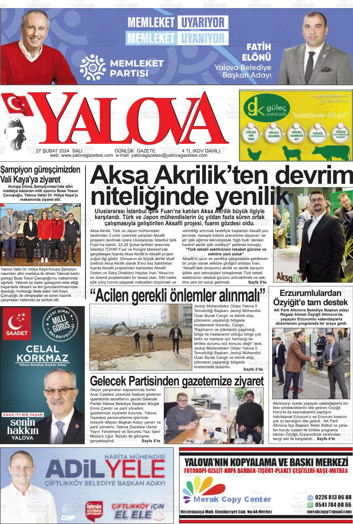 27 Şubat 2024 Yalova Gazete Manşeti