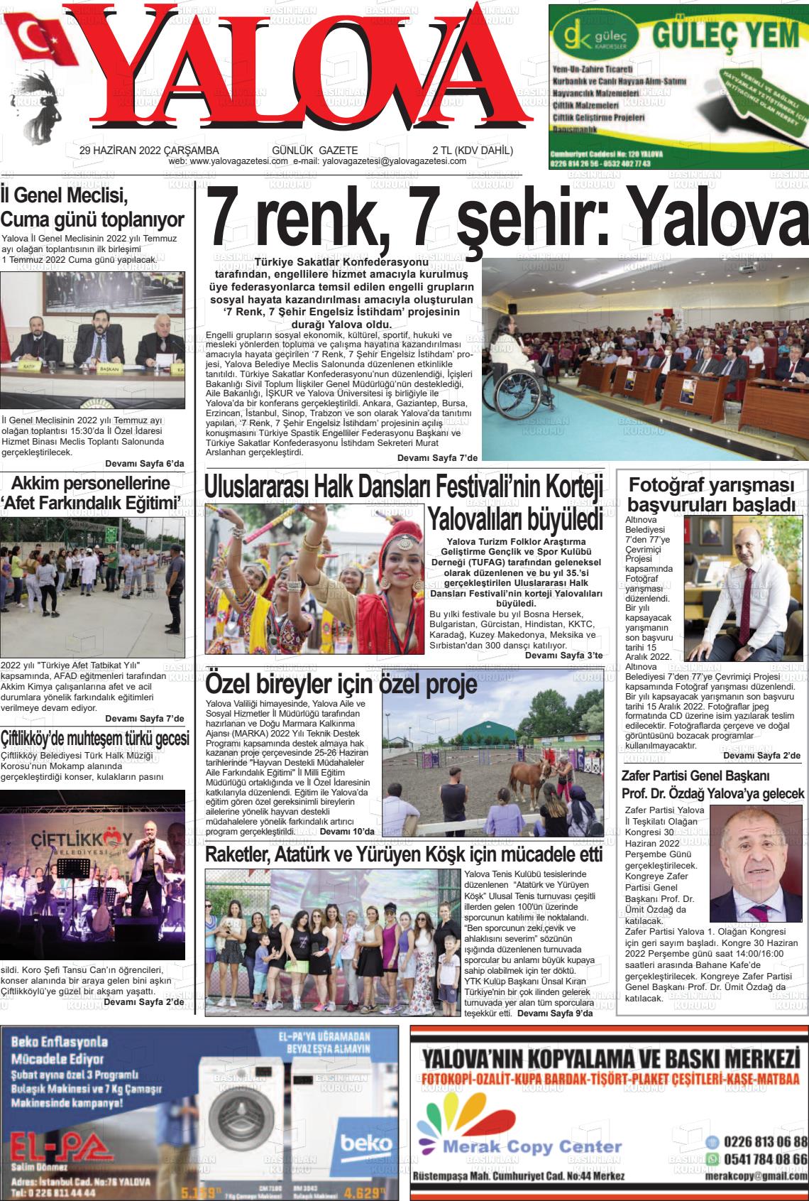 29 Haziran 2022 Yalova Gazete Manşeti