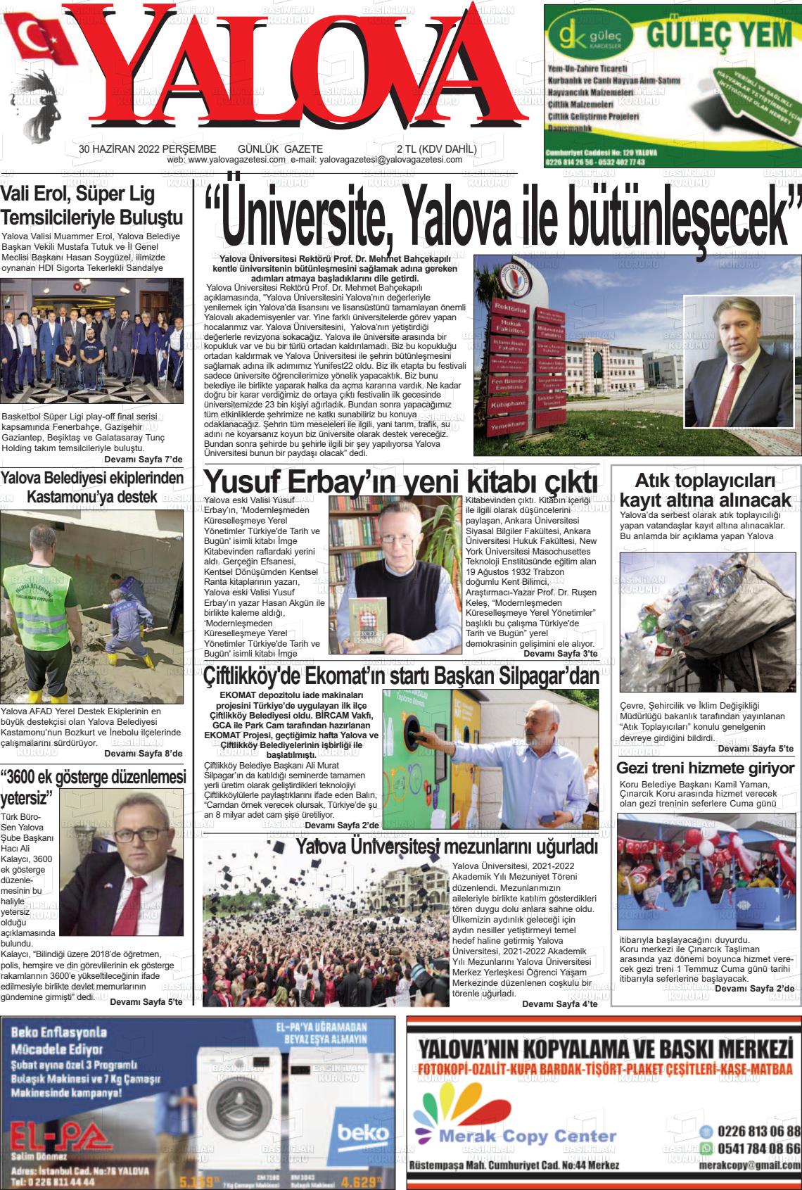 01 Temmuz 2022 Yalova Gazete Manşeti