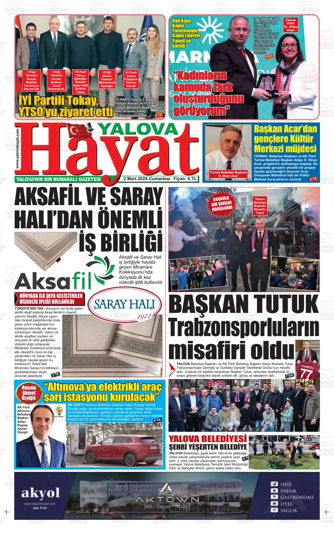 02 Mart 2024 Yalova Hayat Gazete Manşeti
