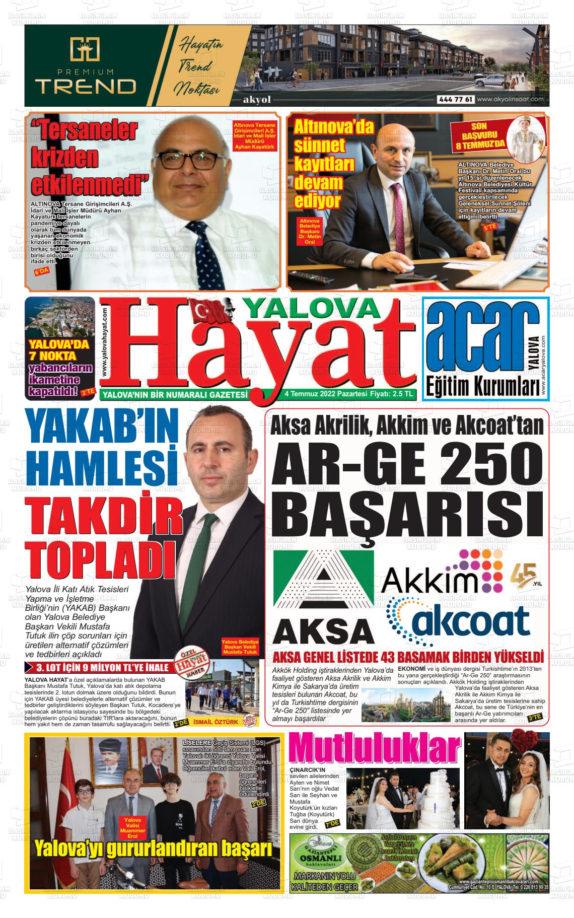 04 Temmuz 2022 Yalova Hayat Gazete Manşeti