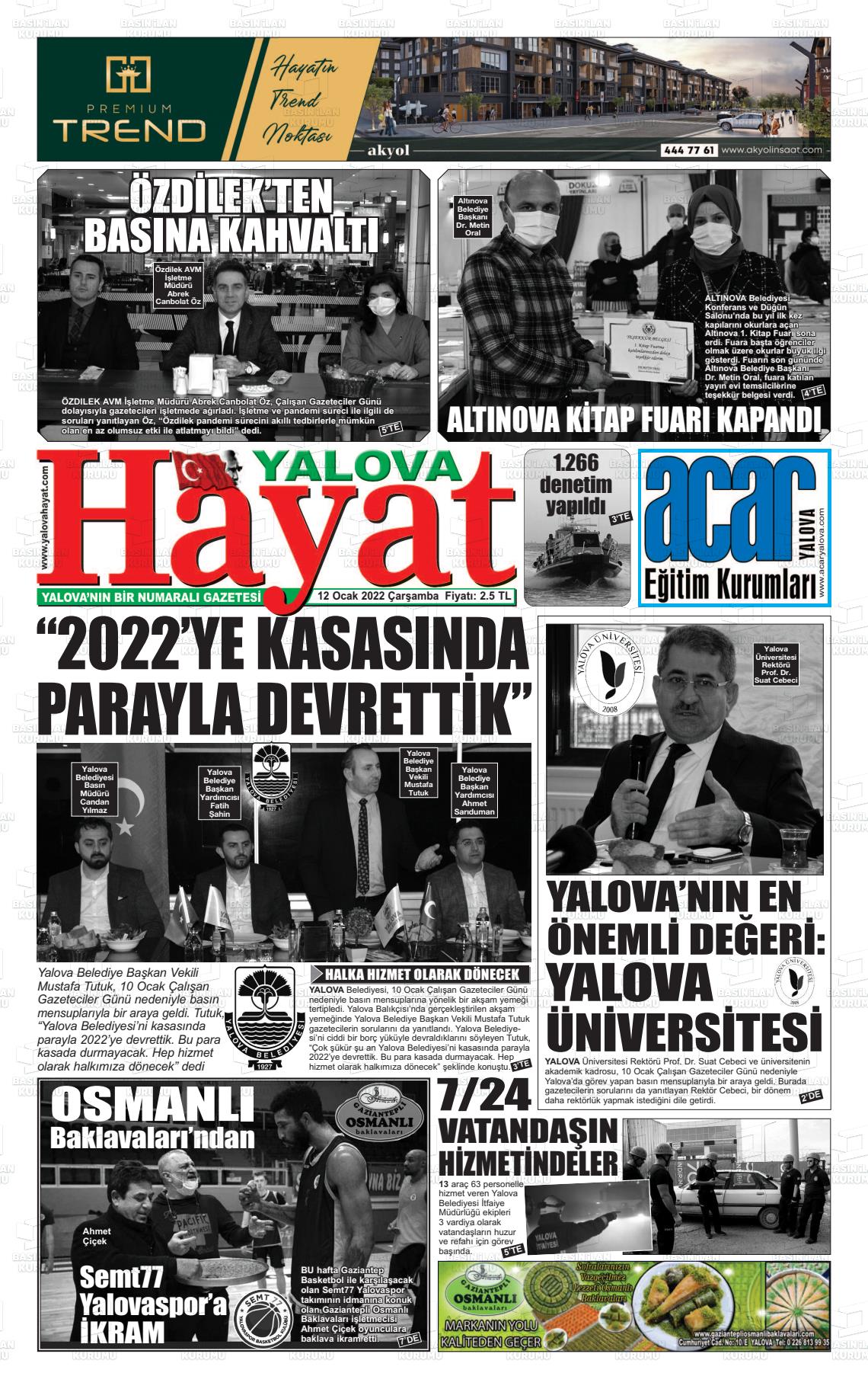 12 Ocak 2022 Yalova Hayat Gazete Manşeti