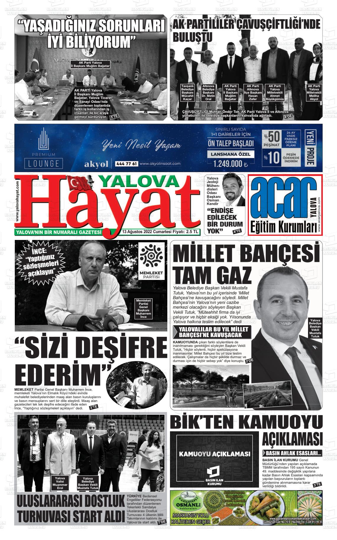 13 Ağustos 2022 Yalova Hayat Gazete Manşeti