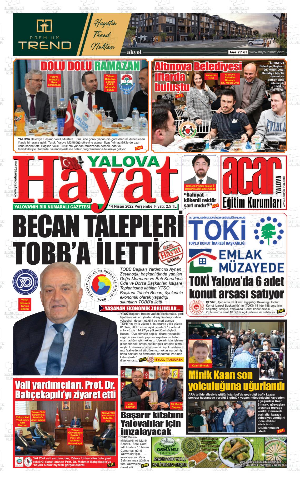14 Nisan 2022 Yalova Hayat Gazete Manşeti