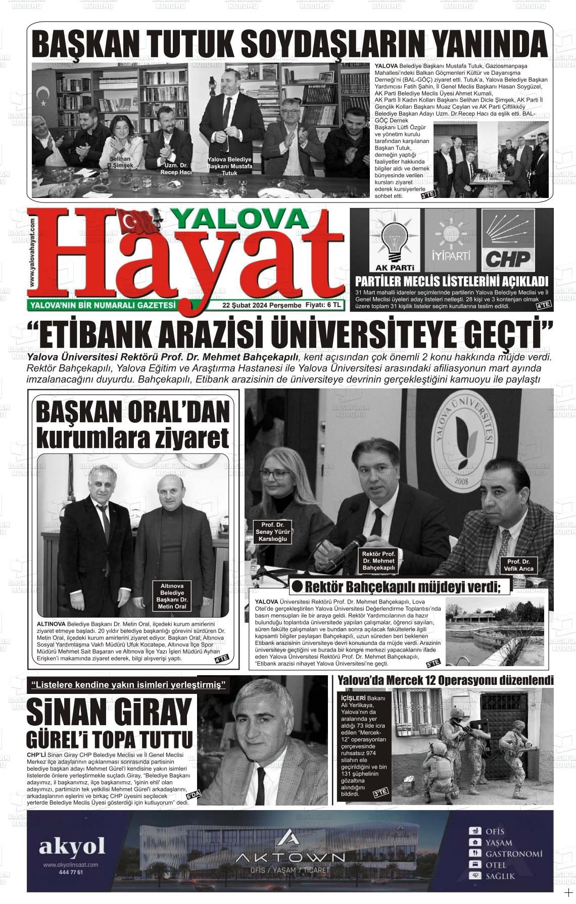 22 Şubat 2024 Yalova Hayat Gazete Manşeti