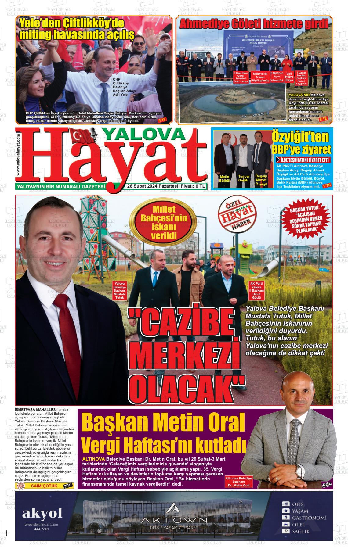 26 Şubat 2024 Yalova Hayat Gazete Manşeti