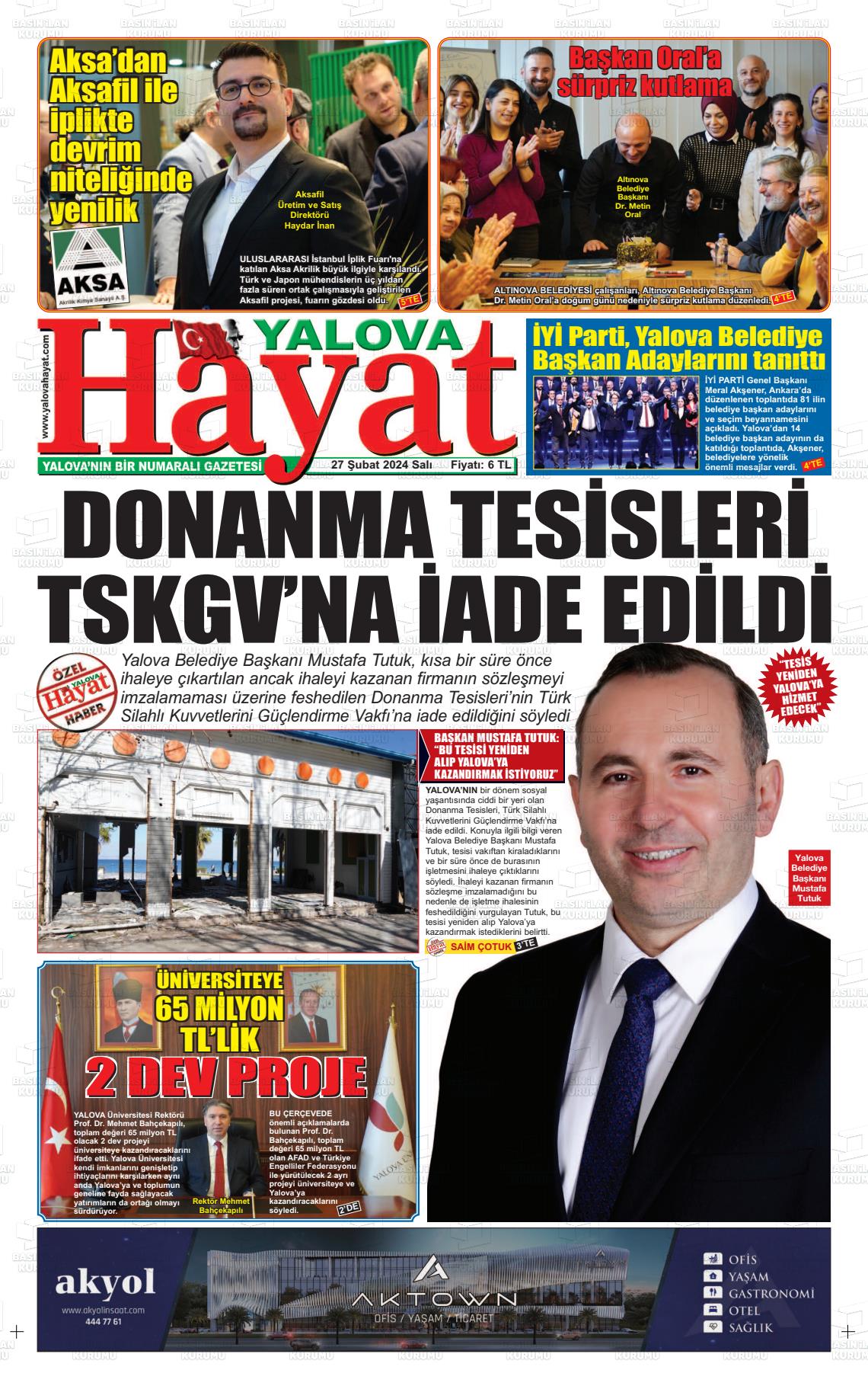 27 Şubat 2024 Yalova Hayat Gazete Manşeti