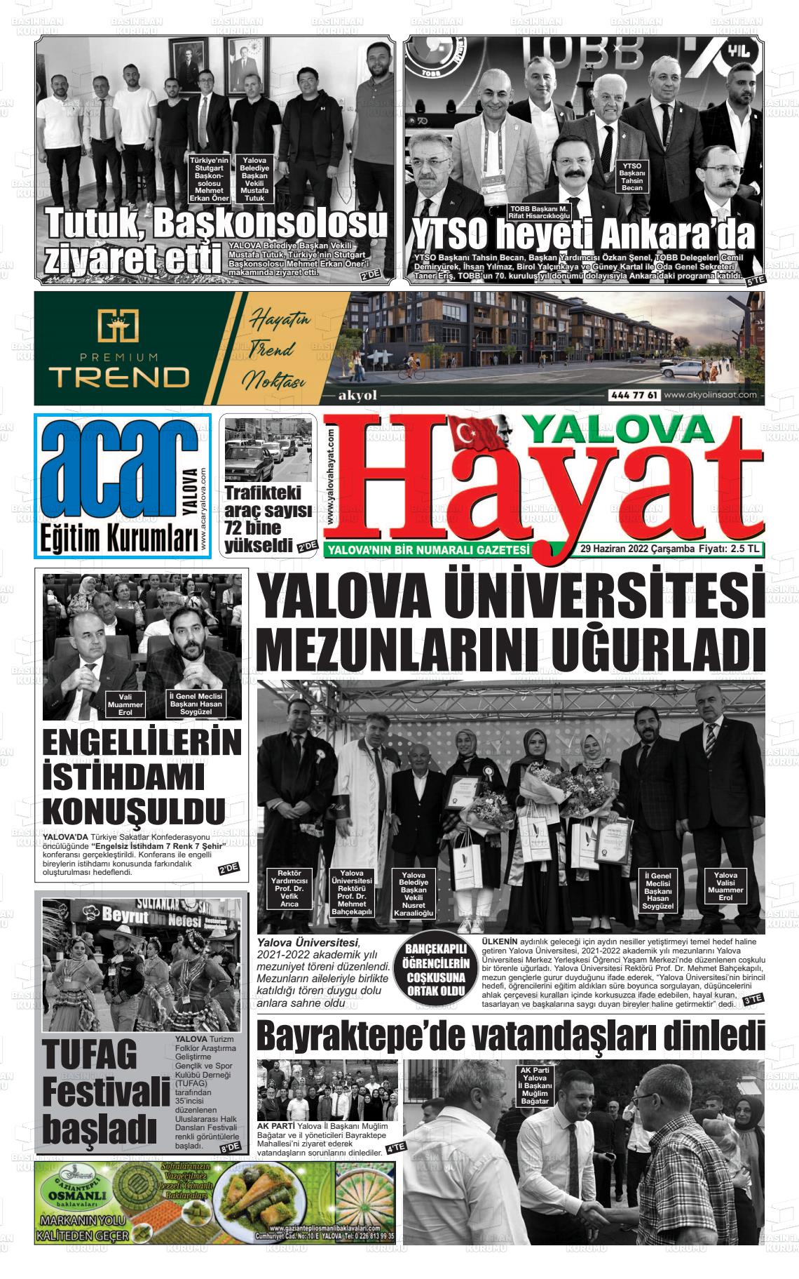 29 Haziran 2022 Yalova Hayat Gazete Manşeti