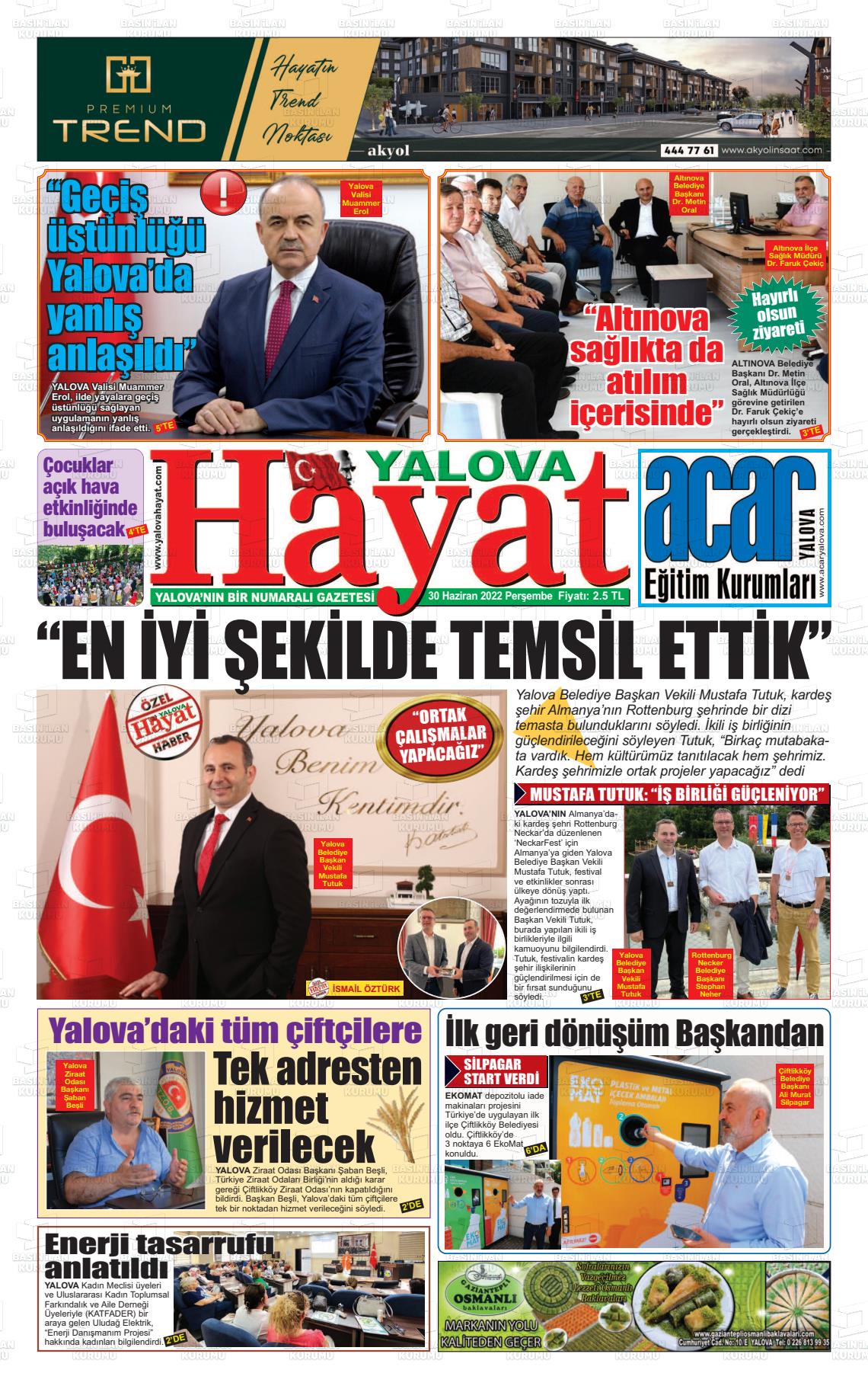 01 Temmuz 2022 Yalova Hayat Gazete Manşeti