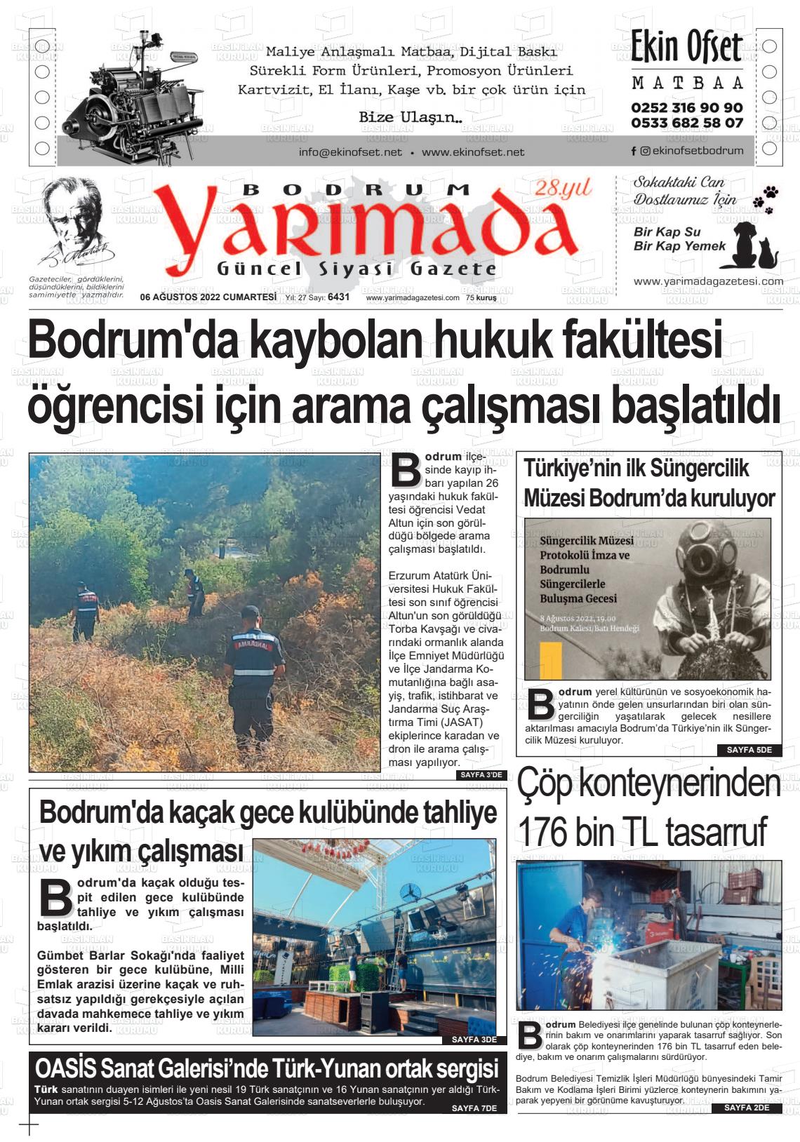 06 Ağustos 2022 Bodrum Yarimada Gazete Manşeti