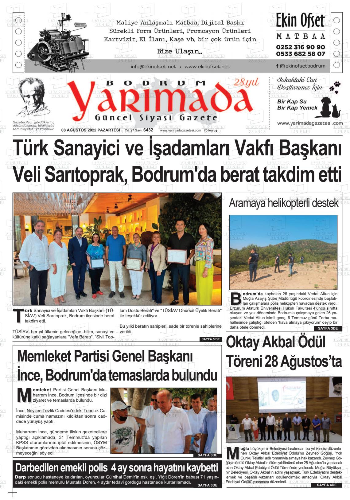 08 Ağustos 2022 Bodrum Yarimada Gazete Manşeti