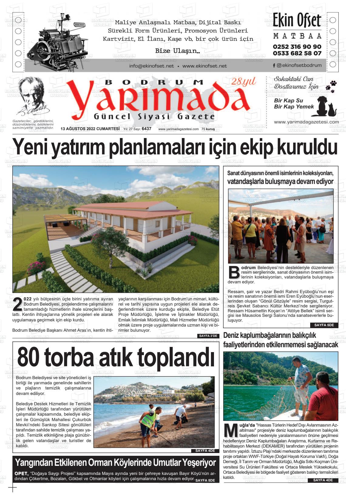 13 Ağustos 2022 Bodrum Yarimada Gazete Manşeti