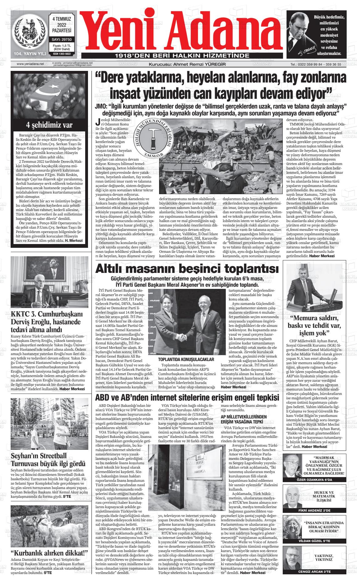 04 Temmuz 2022 Yeni Adana Gazete Manşeti