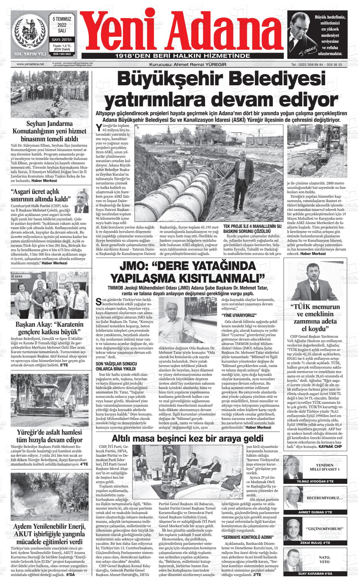05 Temmuz 2022 Yeni Adana Gazete Manşeti