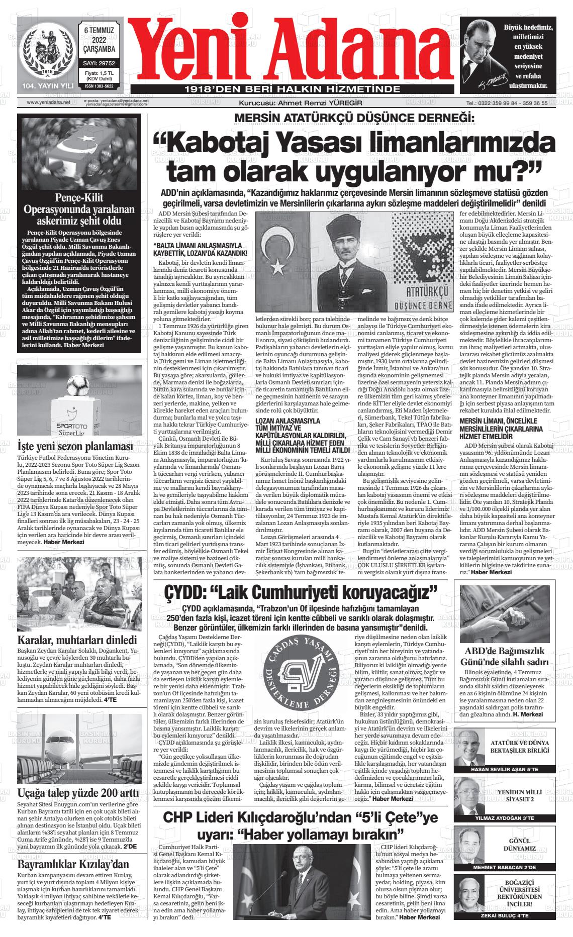 06 Temmuz 2022 Yeni Adana Gazete Manşeti