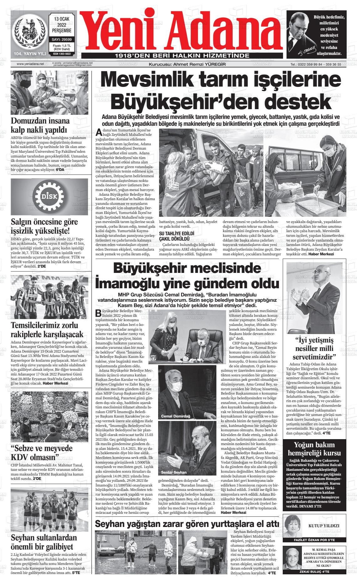 13 Ocak 2022 Yeni Adana Gazete Manşeti
