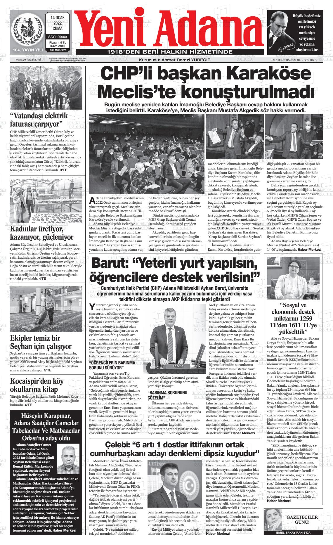 14 Ocak 2022 Yeni Adana Gazete Manşeti