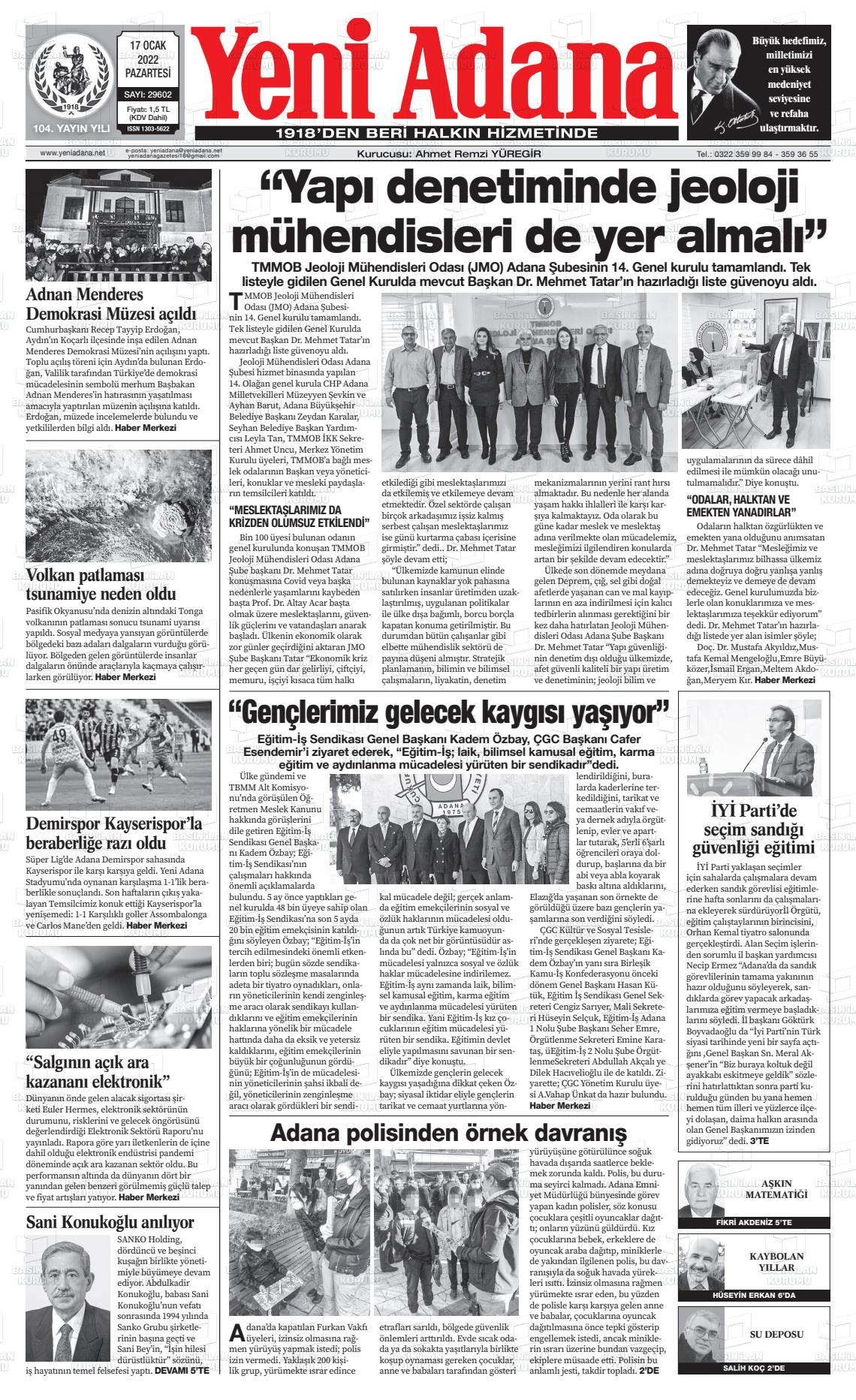 17 Ocak 2022 Yeni Adana Gazete Manşeti