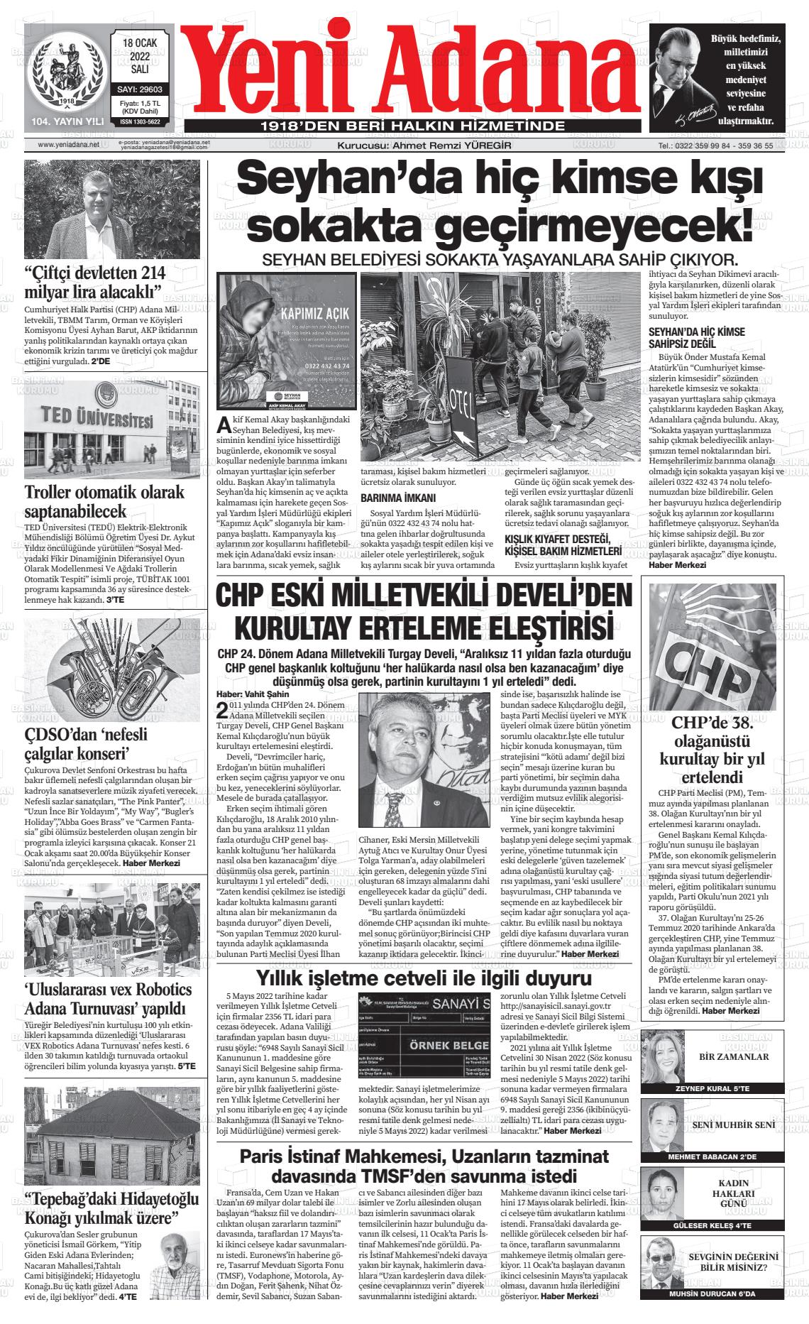 18 Ocak 2022 Yeni Adana Gazete Manşeti