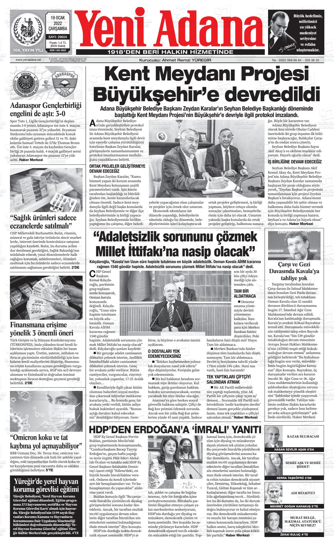 19 Ocak 2022 Yeni Adana Gazete Manşeti