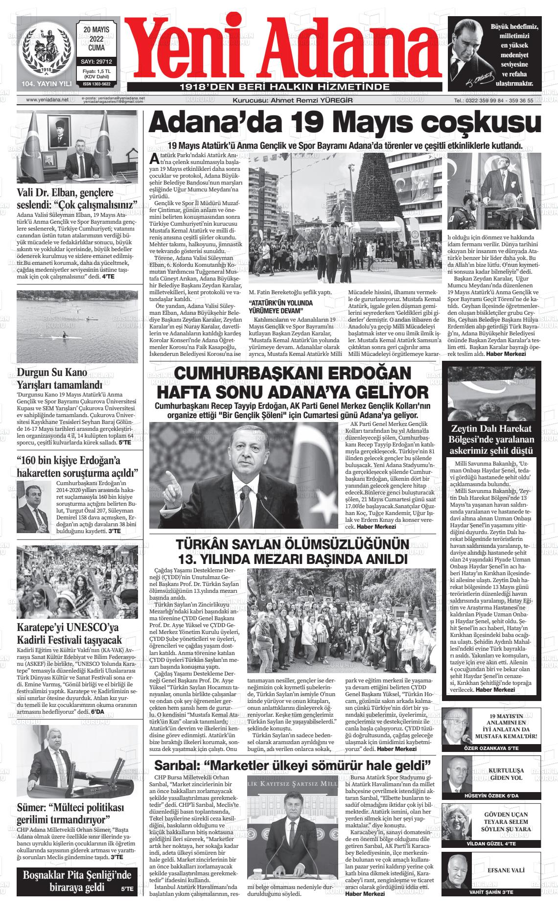 20 Mayıs 2022 Yeni Adana Gazete Manşeti