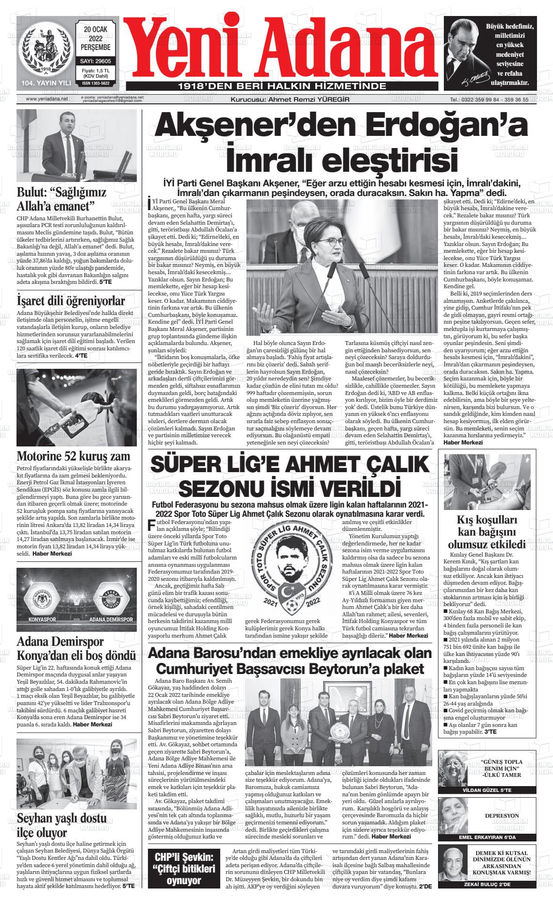 20 Ocak 2022 Yeni Adana Gazete Manşeti