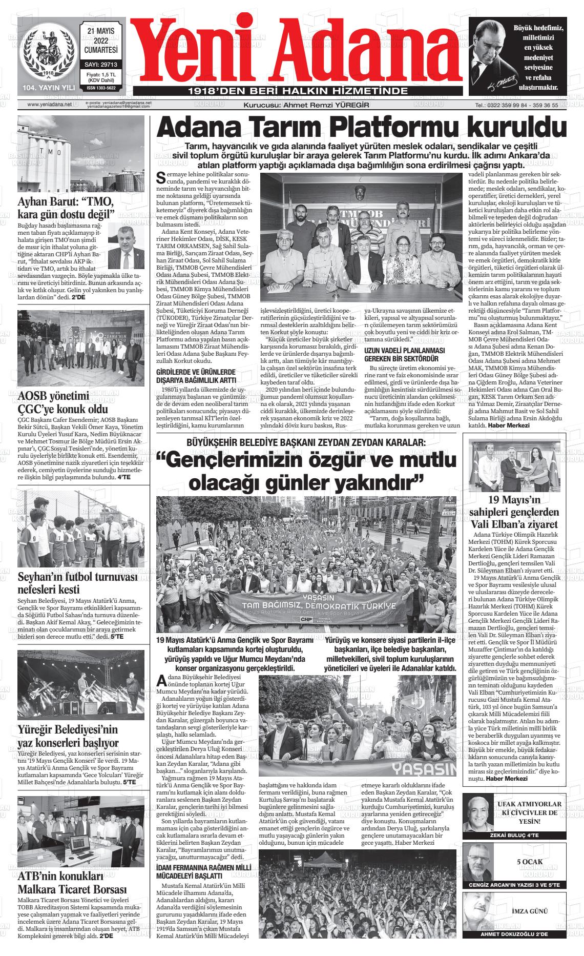 21 Mayıs 2022 Yeni Adana Gazete Manşeti