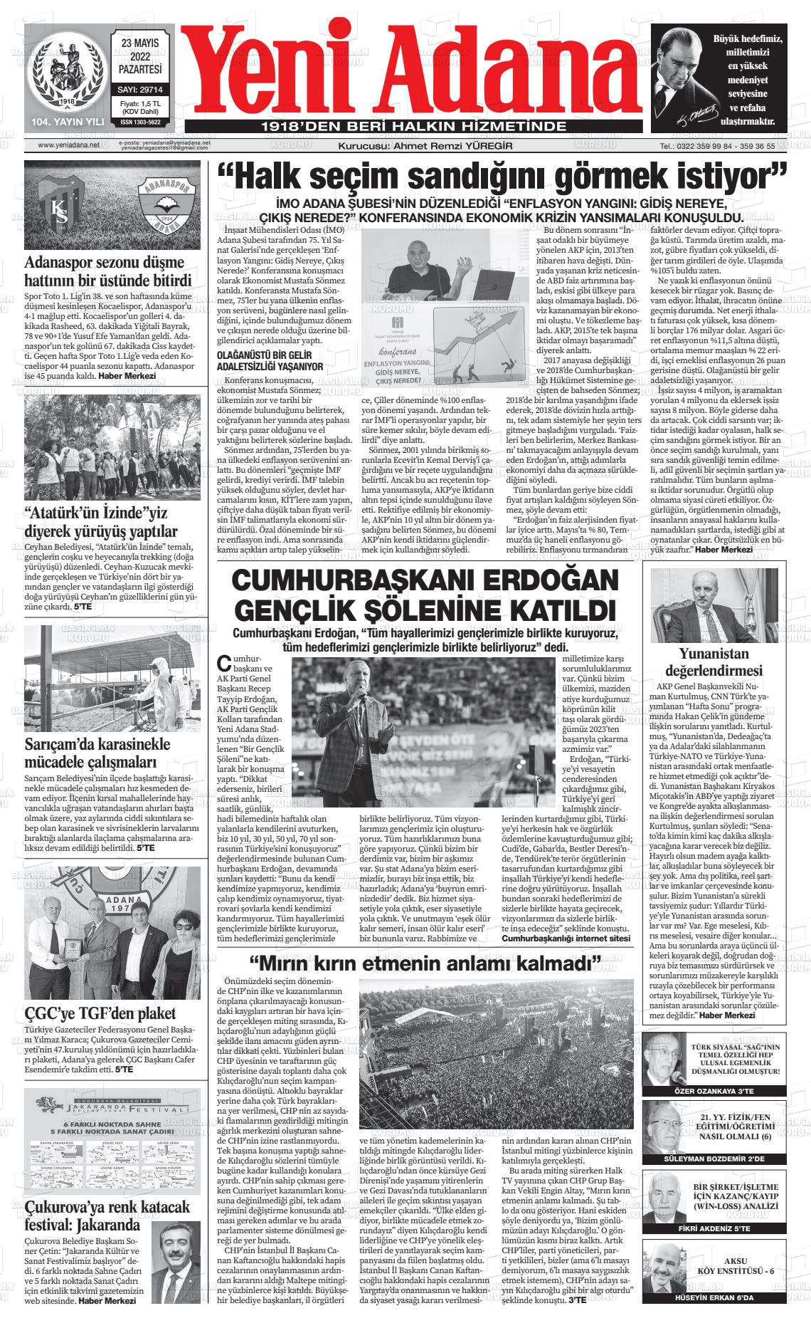 23 Mayıs 2022 Yeni Adana Gazete Manşeti