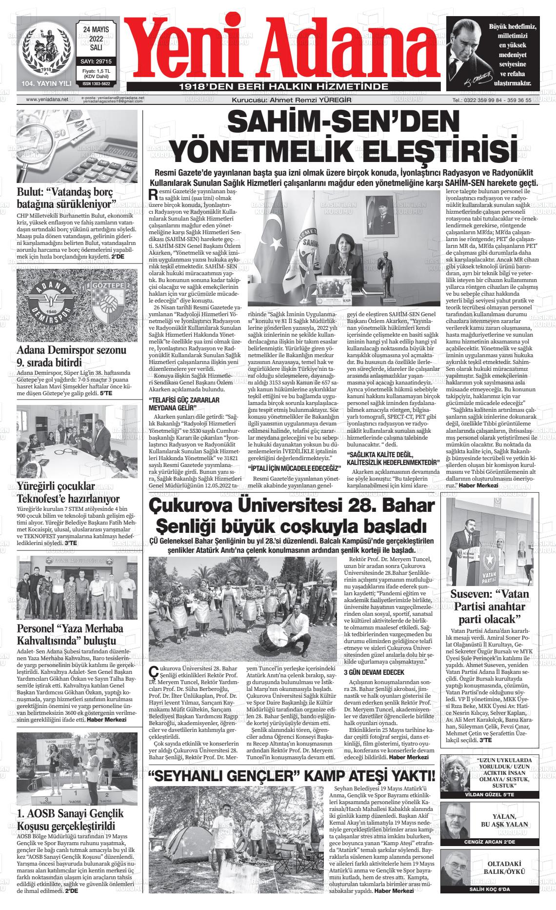 24 Mayıs 2022 Yeni Adana Gazete Manşeti