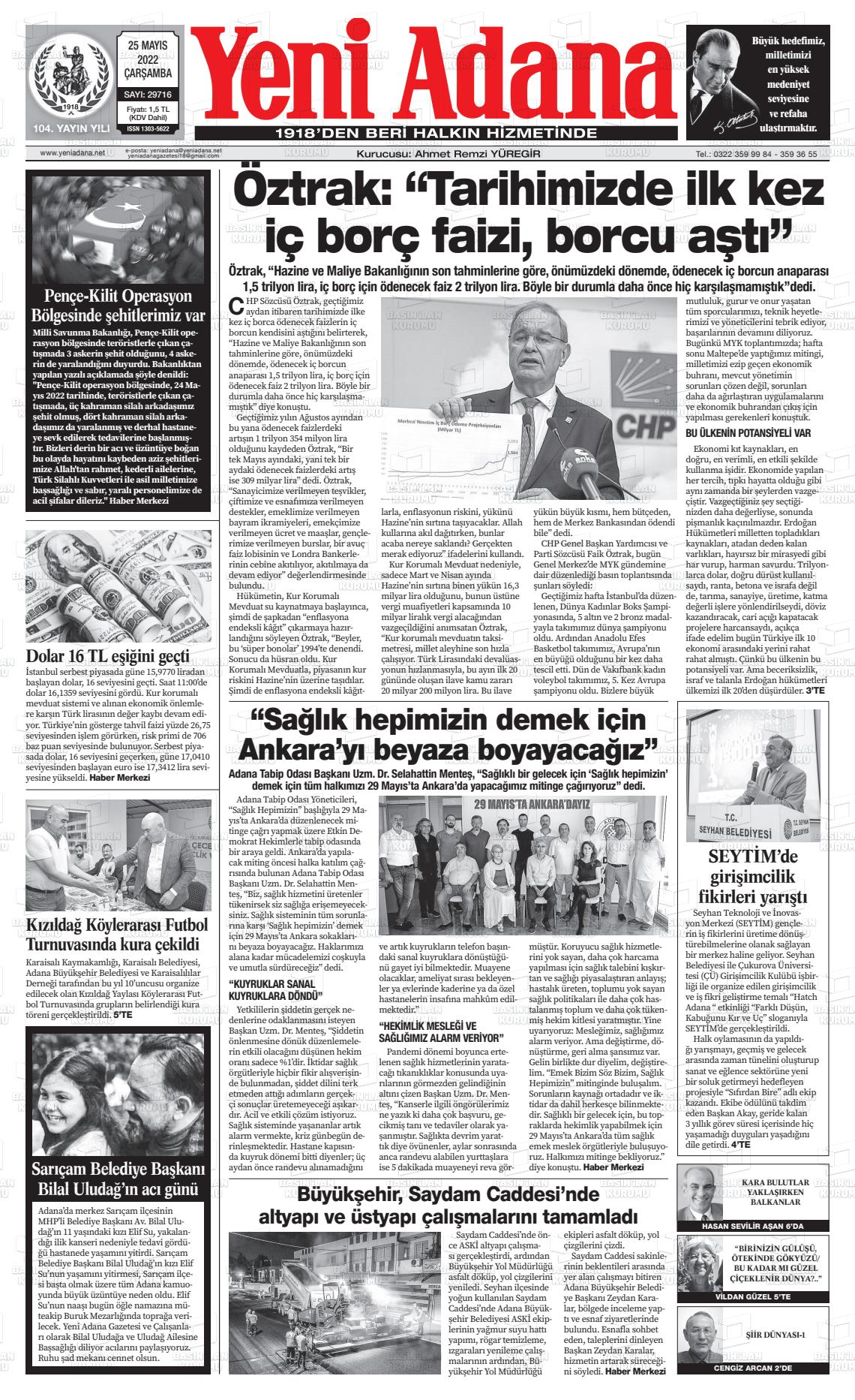 25 Mayıs 2022 Yeni Adana Gazete Manşeti