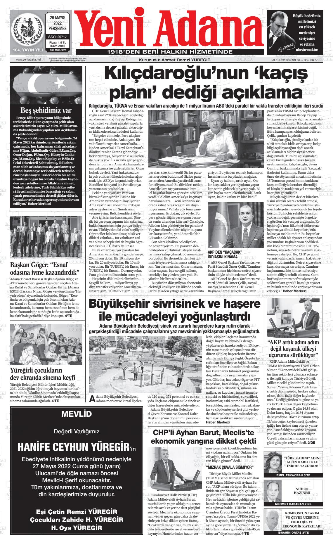 26 Mayıs 2022 Yeni Adana Gazete Manşeti