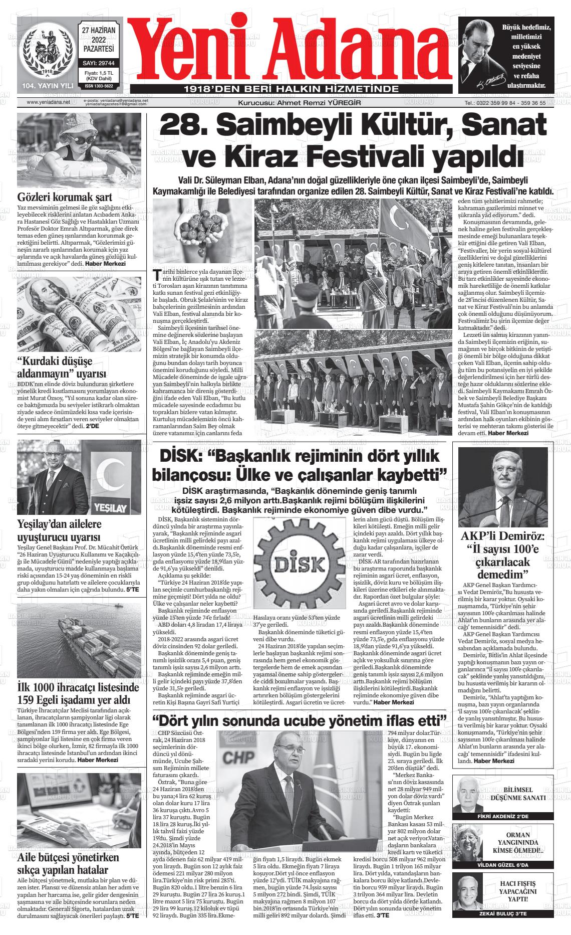 27 Haziran 2022 Yeni Adana Gazete Manşeti