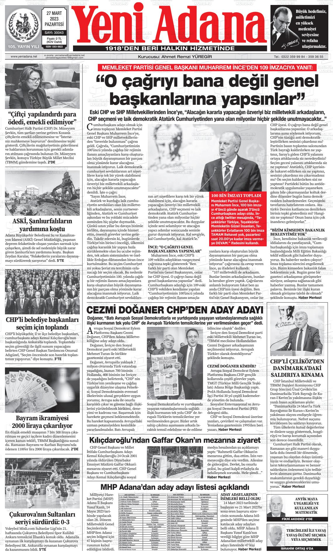 27 Mart 2023 Yeni Adana Gazete Manşeti