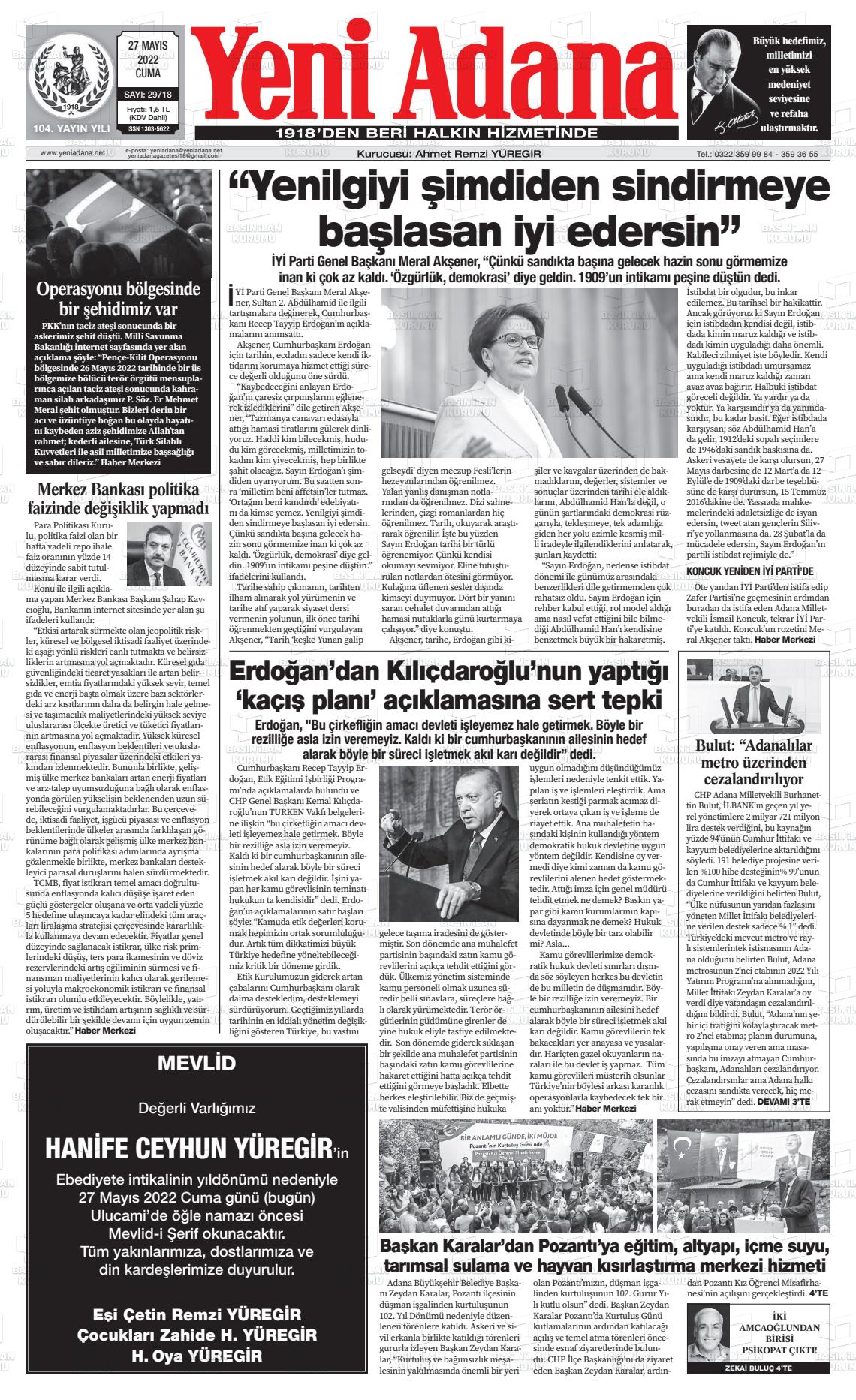 27 Mayıs 2022 Yeni Adana Gazete Manşeti